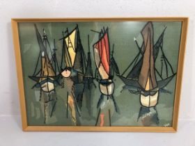 Vintage and Retro 1970s wool work picture of sailing boats signed VON, in its original light beech