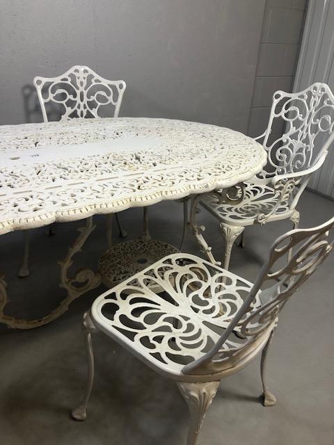 Large White painted metal Garden Table of pierced openwork design with ornate plinths below approx - Image 2 of 9