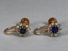 9ct Gold screw back vintage earrings of Daisy style cluster gemstones including Opals, each approx