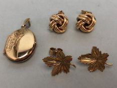 Two Pairs of hallmarked 9ct Gold earrings and a 9ct Gold hallmarked hinged locket (total weight