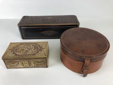 Vintage Boxes, three decorative boxes, being an early 20th century leather collar box, a brass