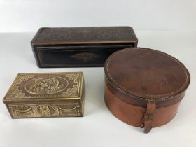 Vintage Boxes, three decorative boxes, being an early 20th century leather collar box, a brass