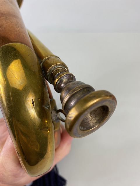 Musical instruments, vintage military brass bugle with blue tassel cords marked Dallas London. - Image 9 of 9