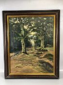 Paintings, 19th century painting oil on canvas of a woodland path or track in a modern frame,