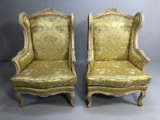 Antique furniture, pair of reproduction French Rococo style wing back arm chairs upholstered in pale