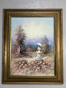 Modern oil painting of a girl in a meadow signed S Dressers in a frame approximately 31 x 52cm