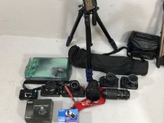 Camera Equipment, quantity of photographic items to include Canon T70, Lumix, Olympus, Nikon