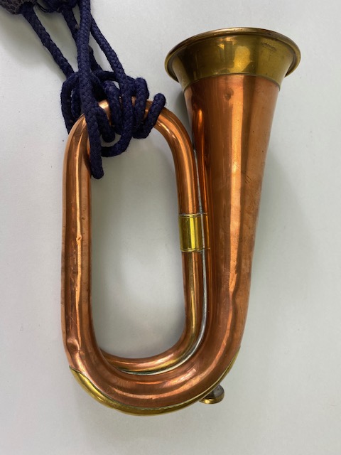 Musical instruments, vintage military brass bugle with blue tassel cords marked Dallas London. - Image 2 of 9