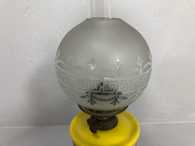 Antique 19th century brass oil lamp, modernist yellow reservoir with frosted glass shade on a - Image 3 of 5
