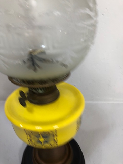 Antique 19th century brass oil lamp, modernist yellow reservoir with frosted glass shade on a - Image 5 of 5