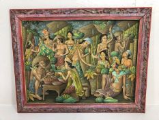 Decorators interest, colourful and vibrant Balinese painting of a traditional market signed in