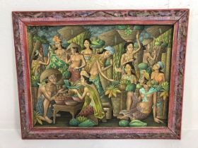 Decorators interest, colourful and vibrant Balinese painting of a traditional market signed in