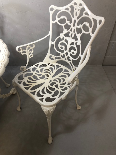 Large White painted metal Garden Table of pierced openwork design with ornate plinths below approx - Image 4 of 9
