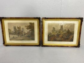 Pictures, two antique hand tinted engravings of Lincoln Minster Cathedral in matching frames both