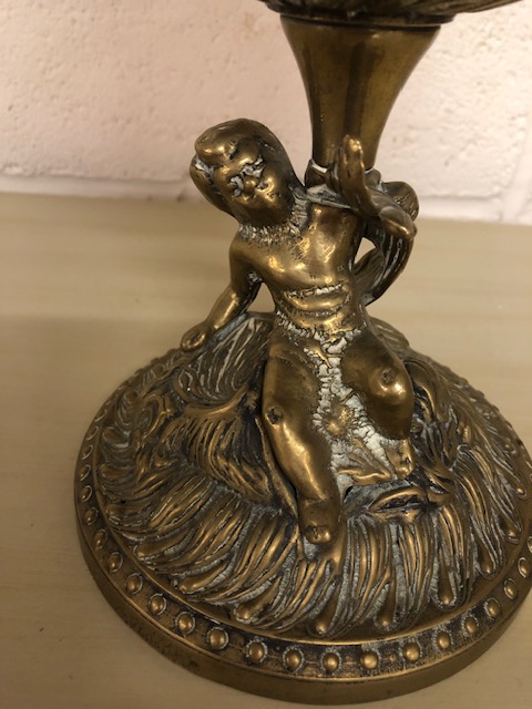 Antique Victorian cranberry glass oil lamp with brass cherub base approximately 57cm high - Image 2 of 7