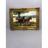 Peter Goodhall - large oil on canvas of a countryside harvest with foreground two Shire horses and