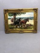 Peter Goodhall - large oil on canvas of a countryside harvest with foreground two Shire horses and