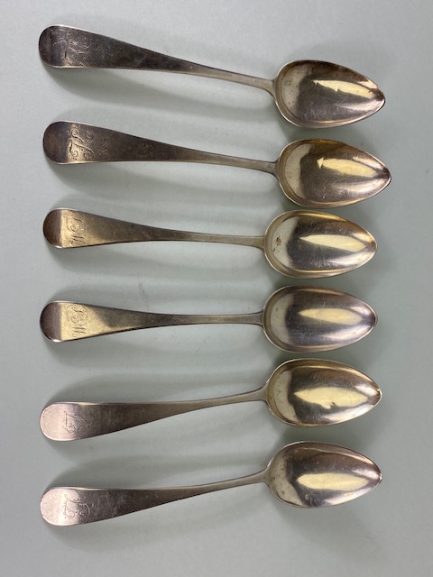 Six large Georgian Silver serving spoons each with engraved initials total weight approx 382g