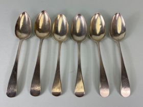 Six large Georgian Silver serving spoons each with engraved initials total weight approx 382g