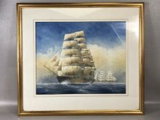 Paintings, vintage painting of tall ships being the Cutty Sark in the forefront, signed Ron Farmer