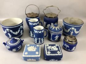 Wedgewood, a collection of antique and vintage jasperware comprising of two jardinières, two biscuit