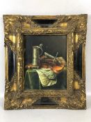 Picture, reproduction 19th Century still life of violin and tankard in the Italian style in an