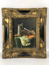 Picture, reproduction 19th Century still life of violin and tankard in the Italian style in an