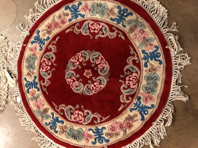 Chinese wool rugs, Two rugs of sculpted style with typical designs of flowers against a red back - Image 2 of 5