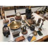 quantity of unusual Antique Gadgets an gizmos from a museum display, to include Miners Lamp