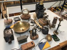 quantity of unusual Antique Gadgets an gizmos from a museum display, to include Miners Lamp