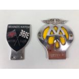 Motoring Automobilia interest, vintage AA 2 piece bar badge and an enamel Brands Hatch Motor Club