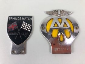 Motoring Automobilia interest, vintage AA 2 piece bar badge and an enamel Brands Hatch Motor Club