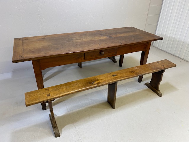 Early 19th century French Farmhouse Table of Three plank construction with Breadboard ends in Cherry