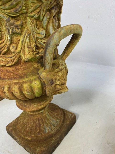 Pair of Wrought Iron Garden Urns with Lion finial handles, flared rims on square bases each approx - Image 11 of 13