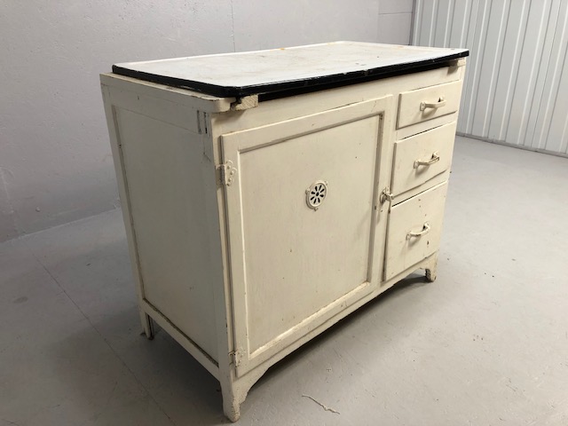 Vintage kitchen unit to include meat safe cupboard, three drawers and a white painted tin top approx - Image 2 of 8