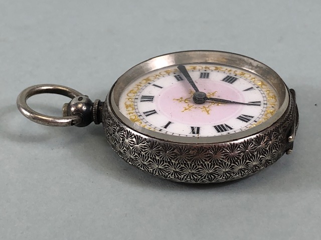 Silver hall marked ladies fob watches one half hunter style with white dial and Roman numerals, - Image 4 of 12