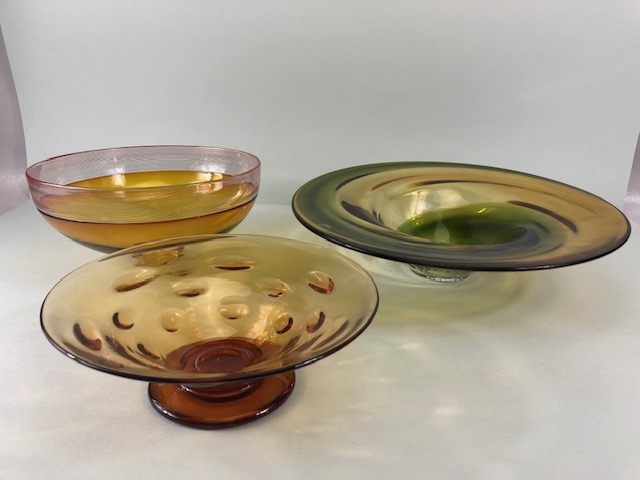 Art Studio glass, Three amber glass bowls all with ground bases one with a signature - Image 2 of 12