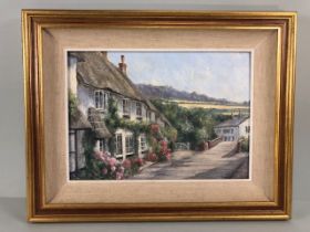 Paintings, contemporary framed painting by local Devon artist Sandy Macfadyen depicting thatched
