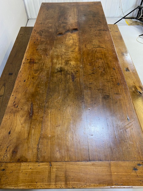 Early 19th century French Farmhouse Table of Three plank construction with Breadboard ends in Cherry - Image 4 of 19