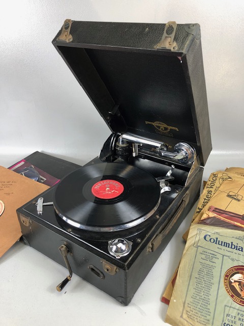 Vintage wind up portable gramophone, black cased front winding Columbia Gramaphonia, winds and