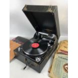 Vintage wind up portable gramophone, black cased front winding Columbia Gramaphonia, winds and