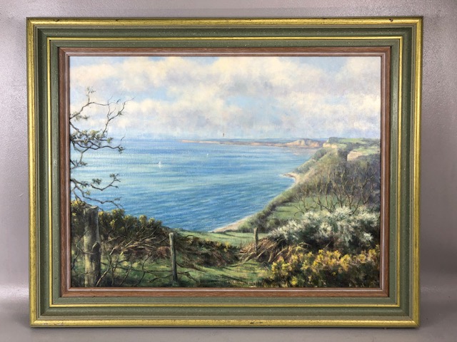 Contemporary unsigned painting on board (Sandy Macfadyehn) depicting Devon Coast Line