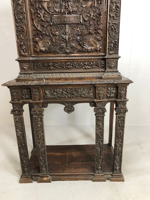 Heavily carved square cupboard on stand, carved with inscription "Venetia", cupboard with fall - Image 6 of 12