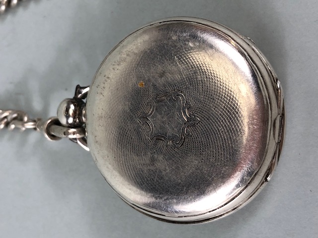 Silver, English Silver Hallmarked pocket watch with silver chain and pencil fob approximately 148.6g - Image 4 of 6