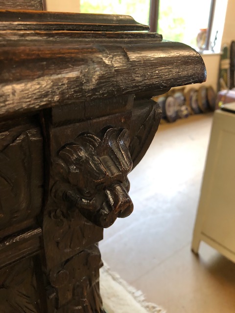 Dresser: late 19th century dark oak continental buffet cupboard, having extensive pictorial carved - Image 11 of 13