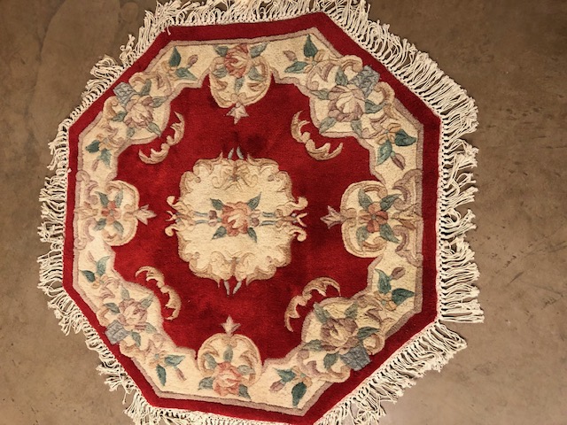 Chinese wool rugs, Two rugs of sculpted style with typical designs of flowers against a red back - Image 3 of 5