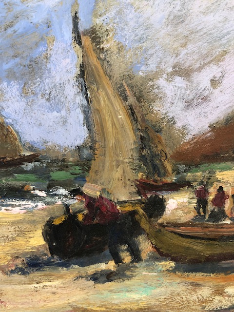 Gleria (Angelo Gleria, California, 1918-1991) oil on board painting signed lower left, fishermen - Image 3 of 9