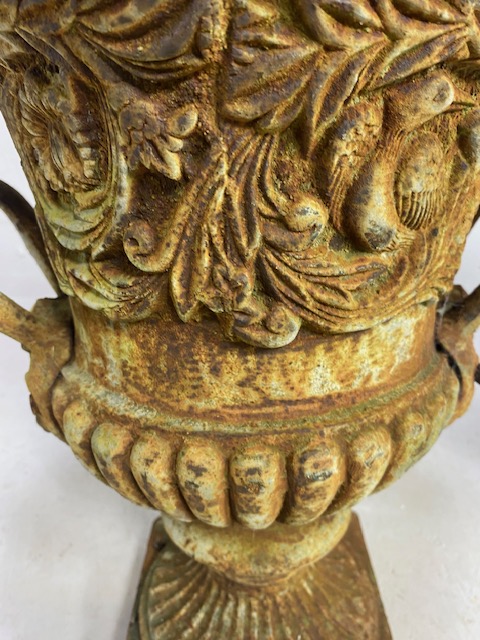 Pair of Wrought Iron Garden Urns with Lion finial handles, flared rims on square bases each approx - Image 4 of 13