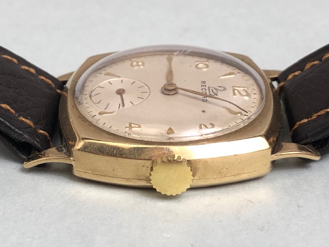 9ct Gold watch by RECORD square face with subsidiary dial at 6pm winds runs and sets on leather - Image 7 of 8