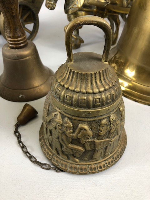 Vintage Brass ware, to include a pair of heavy horses pulling carts and Four bells, (the larger with - Image 2 of 9